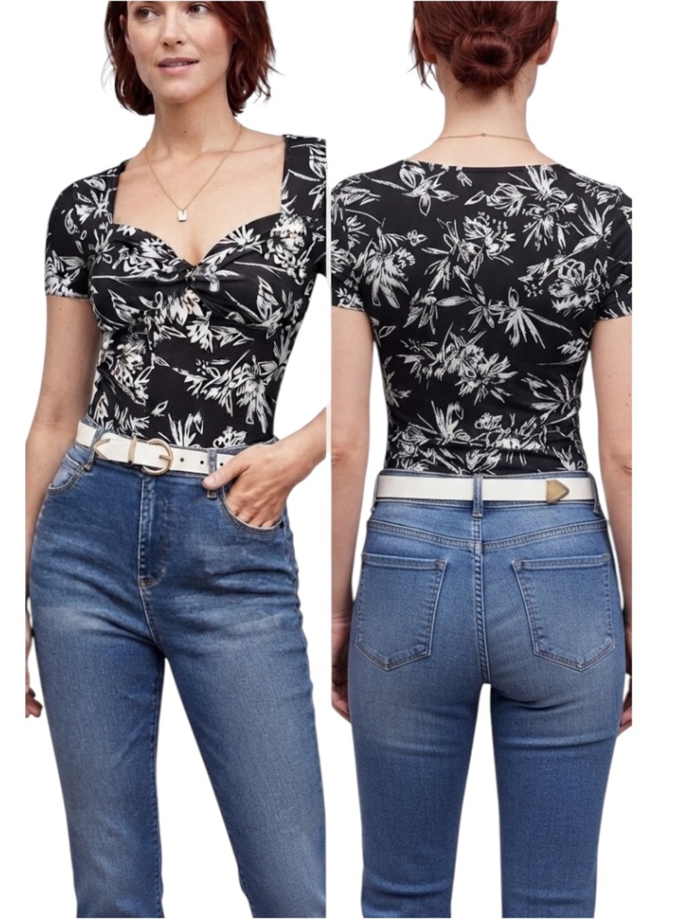 SHEIN BIZwear Floral Print Sweetheart Neck Tee size XS NWT